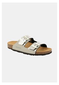 Sandali in metallo argento con due fibbie regolabili, suola in sughero e design aperto sulla punta. Presentano una soletta naturale per il comfort.