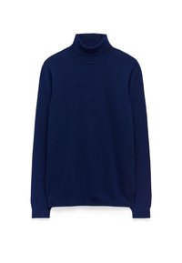Navyblauer Rollkragenpullover aus weichem Strickstoff. Hat lange Ärmel, einen hohen Kragen und einen schmalen Schnitt ohne sichtbare Logos oder Verzierungen.