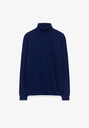 Navy blue turtleneck sweater made from soft knit fabric. Features long sleeves, a high neck, and a slim fit with no visible logos or embellishments.