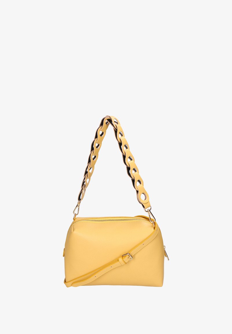 Borsa in pelle gialla con una forma arrotondata, manico a catena intrecciata e tracolla removibile. Presenta una chiusura a zip e una texture liscia.