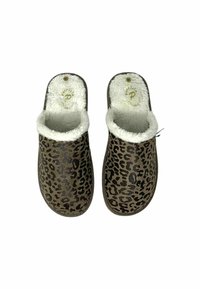 Pantofole marroni con motivo maculato, rivestimento in pelliccia sintetica, design con retro aperto, suola flessibile e solette imbottite per il comfort.
