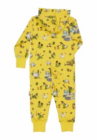 Keltainen lasten haalari, jossa on leikkisiä eläin- ja puutarha-illustratioita. Huppumallinen muotoilu, jossa on joustavat hihansuut ja koko haalarin ympärillä painettuja kuvioita.