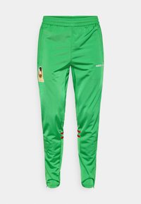 Πράσινο αθλητικό παντελόνι από πολυεστέρα με ελαστική μέση, διακοσμημένο με διακριτικό λογότυπο και κόκκινες ρίγες στα κάτω πλευρά.
