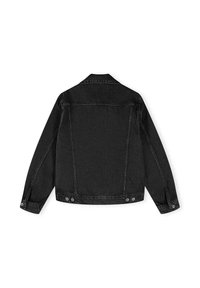 Czarna kurtka dżinsowa z kołnierzem, długimi rękawami i zapinanymi mankietami. Prosty krój z dwoma guzikami na pasie.