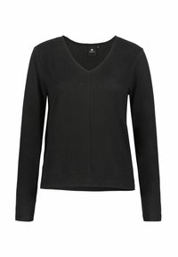 Zwarte langekleurige shirt met een V-hals, gemaakt van textuurstof, met een rechte zoom en subtiele naaddetails aan de voorkant.
