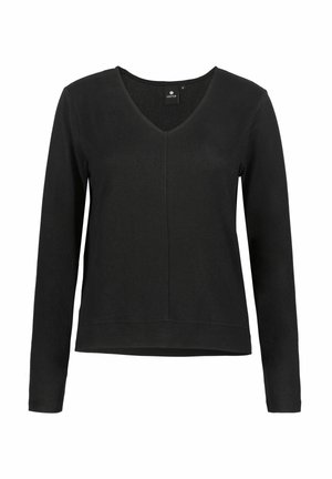 Svart långärmad tröja med V-ringning, tillverkad av textil med textur, med rak nederkant och diskret sömdetaljering fram.