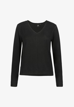 Camisa negra de manga larga con escote en V, hecha de tela texturizada, con un dobladillo recto y un sutil detalle de costuras en la parte delantera.