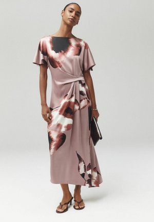 Next, TEXTURED SATIN SHORT SLEEVE SIDE HITCH MIDI DRESS - Maxi dress - pink floral print