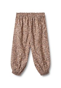 Braun gemusterte Hose mit elastischem Bund, am Knöchel gerafft, mit kleinen Blumen in Beige- und Rosatönen.