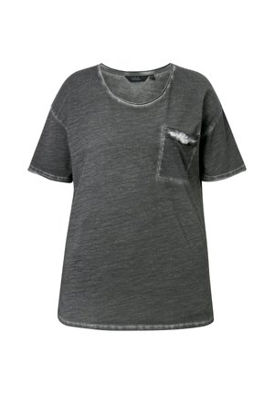 Grijze T-shirt met korte mouwen van zacht materiaal, voorzien van een zak op de linkerkant van de borst, met een licht versleten textuur en een gebogen zoom.