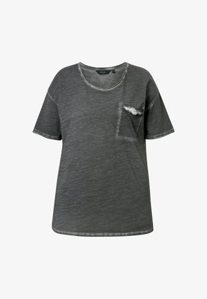 Graues Kurzarm-T-Shirt aus weichem Stoff mit einer Tasche auf der linken Brust, leicht distressed Textur und abgerundetem Saum.