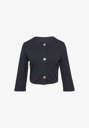 Giacca cropped blu navy realizzata in tessuto testurizzato, con un collo rotondo e quattro bottoni dorati sul davanti. Maniche lunghe.