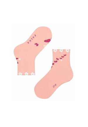 Rosa Baumwollsocken mit weißen Blumen und kleinen roten Akzenten. Gerippter Bund mit "FALKE"-Markenlogo, Größe 27-30 am Zeh aufgedruckt.