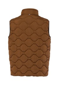 Gilet imbottito marrone con un motivo esagonale testurizzato. Caratterizzato da un colletto alto e un bordo nero attorno alle aperture per le braccia. Materiale leggero e resistente.