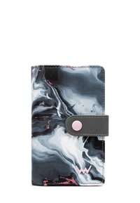 Marble-patterned wallet in grey, black, and pink. Features a gray clasp with a pink button. Smooth finish with visible swirling texture.