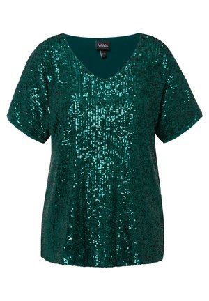 Top en sequins turquoise scintillants avec un décolleté en V, des manches courtes et une coupe ample. Présente des sequins changeants pour un aspect texturé et scintillant.