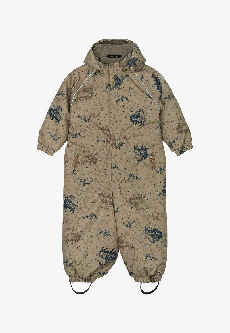 Béžový vonkajší overal s tmavomodrými zvieracími a horskými vzormi, kapucňou, elastickými manžetami a zipsami na vreckách. Zateplený a odolný voči poveternostným vplyvom.