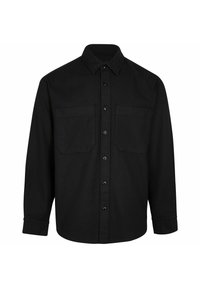 Czarna koszula z długim rękawem, wykonana z materiału o miękkiej fakturze. Posiada zapięcie na guziki z przodu, skośny kołnierz oraz dwie kieszenie na piersi.