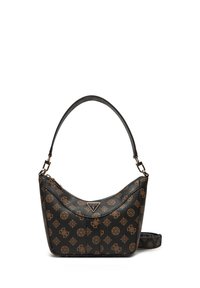 Borsa a spalla marrone con motivo, texture in pelle, forma curvata, accessori in oro e tracolla regolabile. Presenta accenti del logo su tutto il superficie.