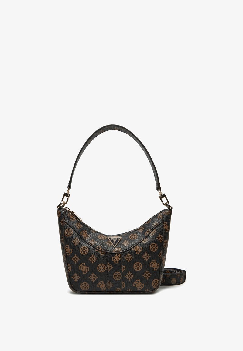 Borsa a spalla marrone con motivo, texture in pelle, forma curvata, accessori in oro e tracolla regolabile. Presenta accenti del logo su tutto il superficie.