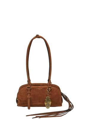 Kleine braune Wildlederhandtasche mit langen Henkeln, goldenem Metallanhänger und Fransen-Detail an der Seite, Marke Liebeskind Berlin.