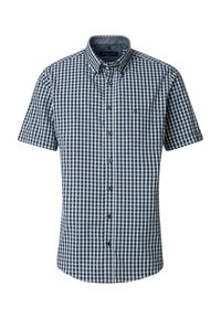Korte mouwen overhemd met knopen in marineblauw en witte gingham ruitpatroon. Katoenen blend stof, puntige kraag, enkele borstzak en blauwe knopen.