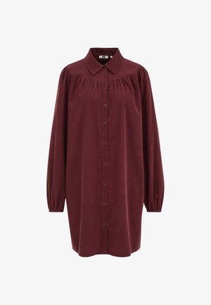Rochie cămașă burgundy dintr-un material moale, cu guler, mâneci lungi puff și închidere cu nasturi pe față. Detalii plisate la umeri.