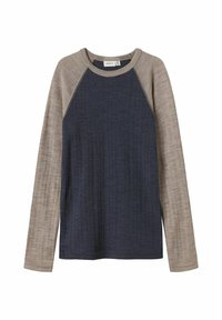 Langarmshirt met een marineblauw lijf en lichtbruine gestructureerde raglanmouwen. Ribstof met contrasterende stiksels. Ronde hals.