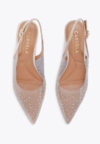 Scarpe slingback con punta affusolata, superiormente in rete trasparente decorata con piccoli chiodi argentati, soletta in pelle nuda e una sottile fascia alla caviglia.