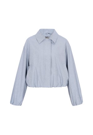 Lyseblå cropped jakke med bred krave, lange ærmer, elastisk kant og skjult frontlukning.