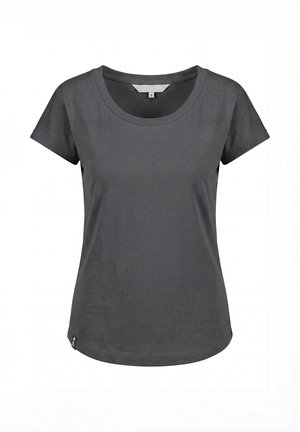 Dark gray women's short-sleeve T-shirt with round neckline and small brand tag on lower left side.
