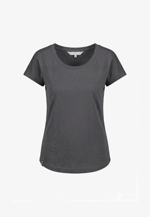 Dunkelgraues Damen-T-Shirt mit kurzen Ärmeln, rundem Ausschnitt und kleinem Markenschild auf der unteren linken Seite.
