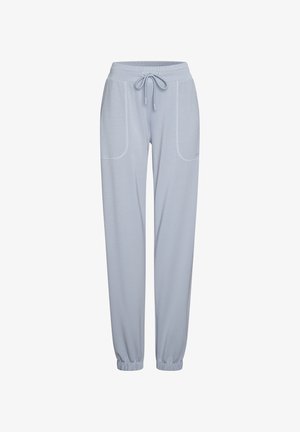 Lichtblauwe sweatpants met een elastische tailleband met trekkoord, twee zijzakken en taps toelopende boorden. Glad stofoppervlak.