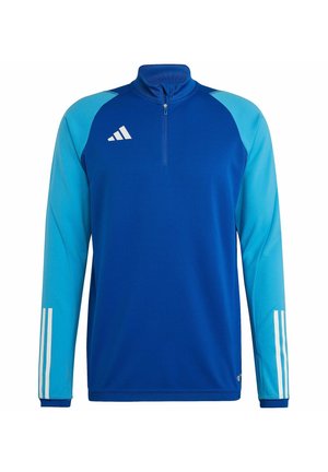 Blauwe sportjacket met lange mouwen, halve rits kraag, lichtblauwe accenten en wit drie-strepen logo op de mouwen. Glad materiaal, sportief ontwerp.