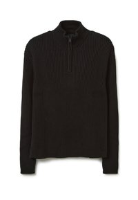 Schwarzer gerippter Strickpullover mit einem hohen Kragen und einem Viertelreißverschluss an der Vorderseite. Lange Ärmel und ein gerader Saum.