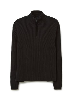 Schwarzer gerippter Strickpullover mit einem hohen Kragen und einem Viertelreißverschluss an der Vorderseite. Lange Ärmel und ein gerader Saum.