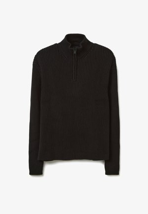 Schwarzer gerippter Strickpullover mit einem hohen Kragen und einem Viertelreißverschluss an der Vorderseite. Lange Ärmel und ein gerader Saum.