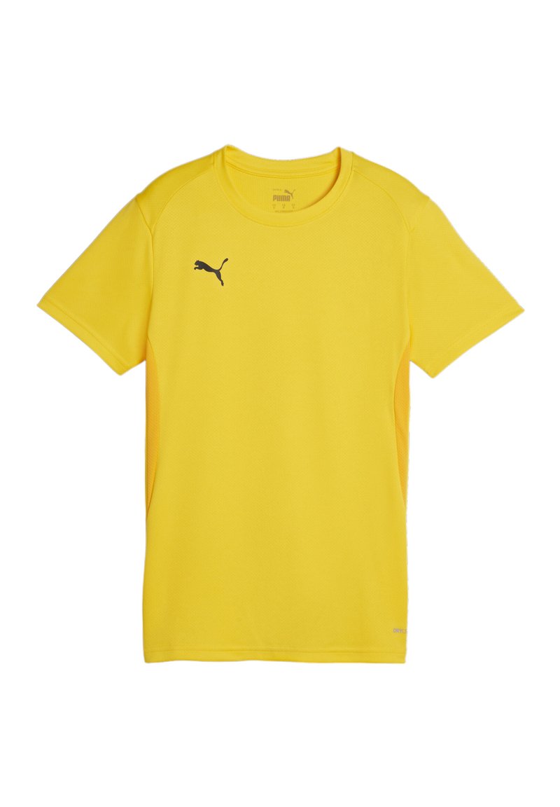 Geel sports T-shirt van synthetisch materiaal, met een ronde hals, korte mouwen en een zwart logo op de linker borst. Textuurontwerp.