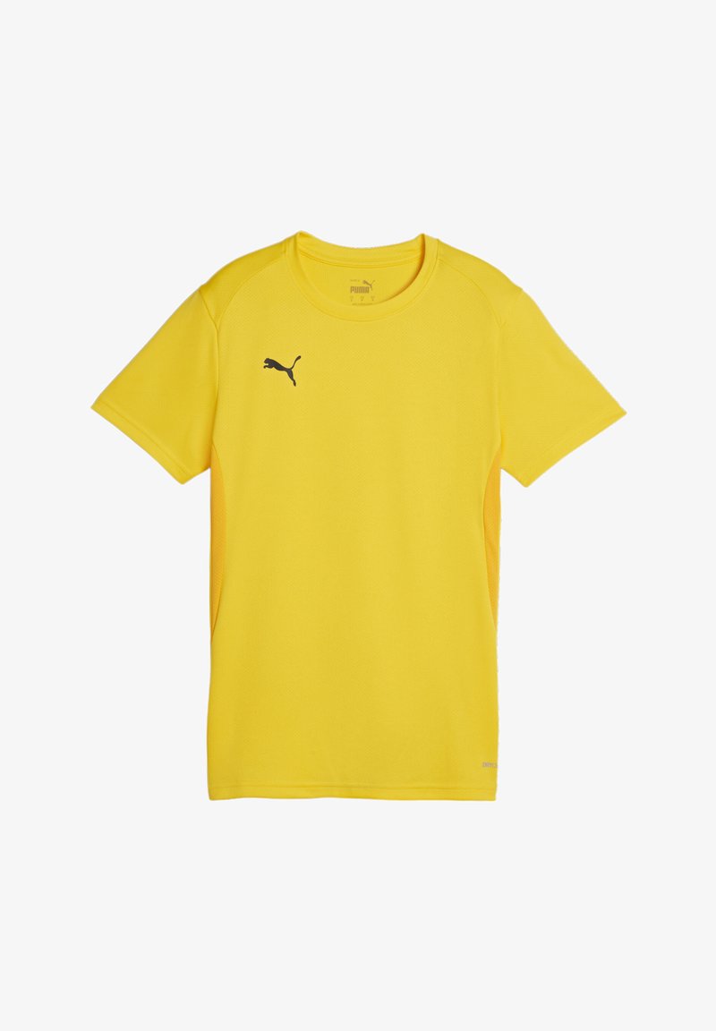 Geel sports T-shirt van synthetisch materiaal, met een ronde hals, korte mouwen en een zwart logo op de linker borst. Textuurontwerp.