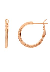 Boucles d'oreilles en or rose avec un design texturé et strié. Présentent un fermoir à charnière pour une fermeture sécurisée. Forme circulaire, profil plat.
