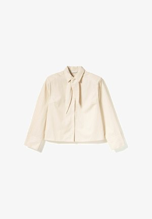 Beige gestreifte Bluse mit langen Ärmeln, Kragen und einer Binderdetail am Hals. Hergestellt aus glattem Stoff mit einer strukturierten Passform.