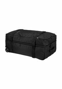 Borsa da viaggio con ruote nera realizzata in tessuto resistente, con cinghie regolabili, parte superiore con zip e ruote in gomma liscia per un facile trasporto.