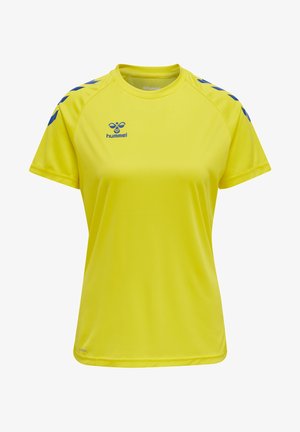 Yellow sports T-shirt made of smooth, breathable fabric. Features blue logo and patterned accents on sleeves. Short sleeves and crew neck design.