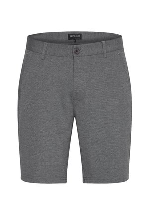 Harmaat shortsit, joissa on sileä pinta, nappikiinnitys ja etutaskut. Mukautettu muotoilu, joka ulottuu polven pituuteen.