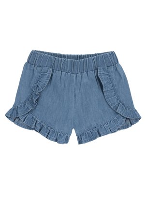 Shorts en denim avec un ourlet volé, une taille élastique et deux poches latérales. Couleur : bleu clair avec une texture douce.
