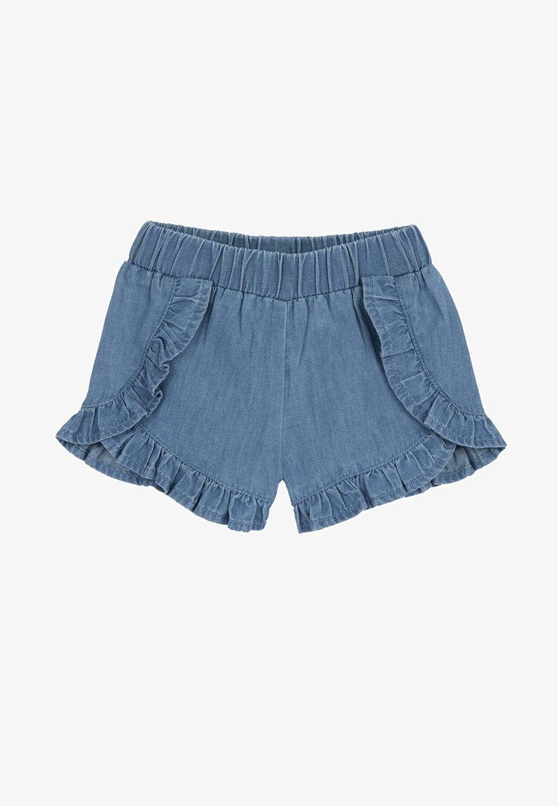 Shorts en denim avec un ourlet volé, une taille élastique et deux poches latérales. Couleur : bleu clair avec une texture douce.