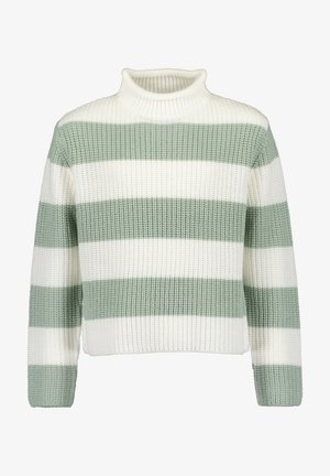 Pull en maille épaisse à larges rayures horizontales vert clair et blanc, avec un col roulé côtelé et des manches longues.