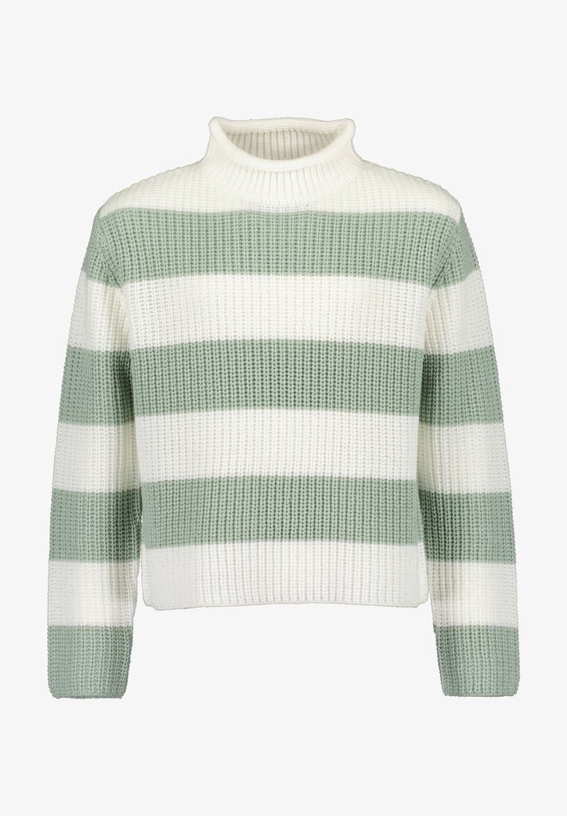 Pull en maille épaisse à larges rayures horizontales vert clair et blanc, avec un col roulé côtelé et des manches longues.