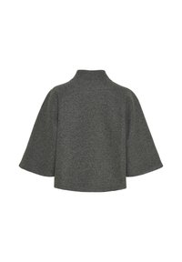 Grå uldkappe med høj krave og brede ærmer. Glat tekstur, ingen synlige lukninger eller udsmykninger, ensfarvet.