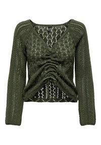 Cardigan a maglia in verde oliva con maniche lunghe, scollo a V, dettaglio arricciato sul davanti e motivo traforato, con chiusura a coulisse all'orlo.